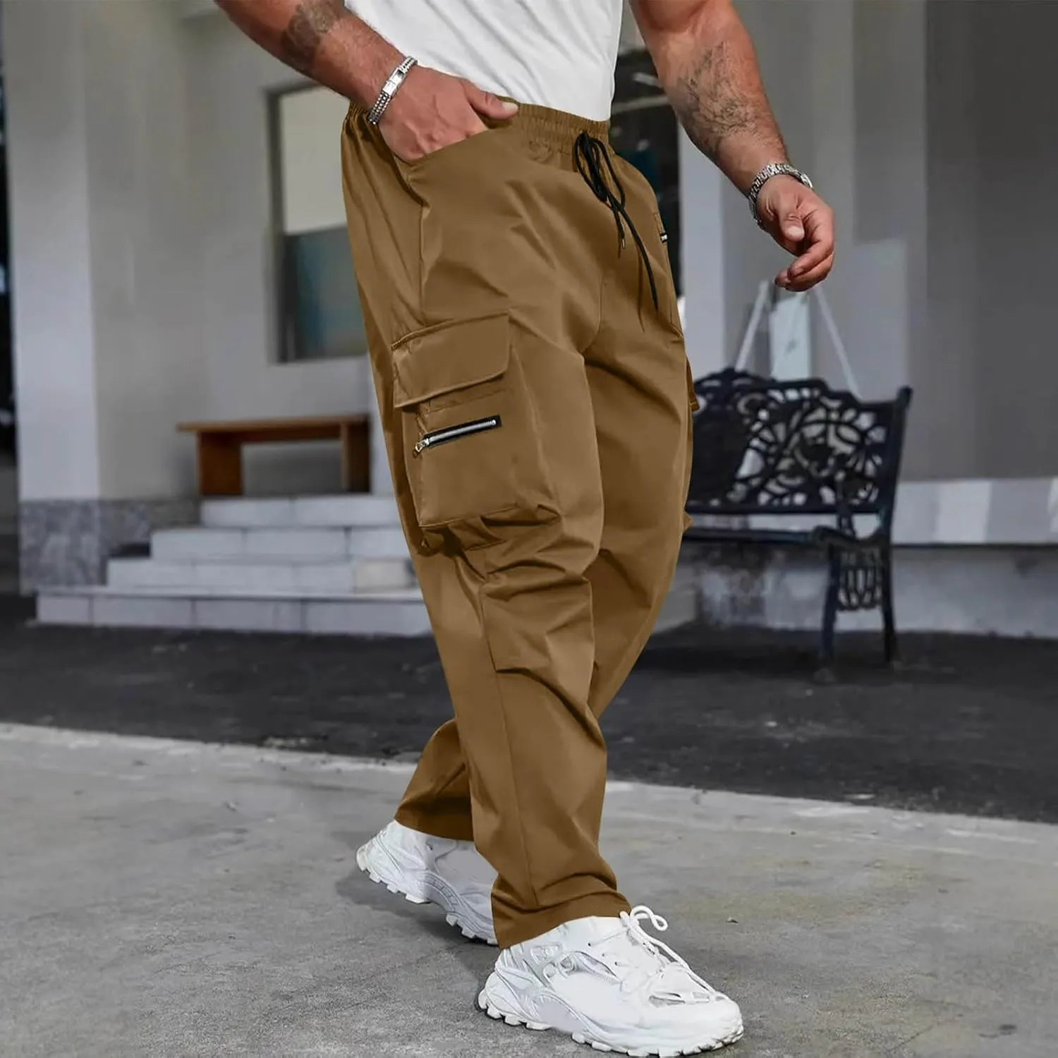 Mens Outdoor Cargo Pants Elastic High Waist Drawstring Summer Chinos Pants Straight Leg Tactical Trousers with Pocket