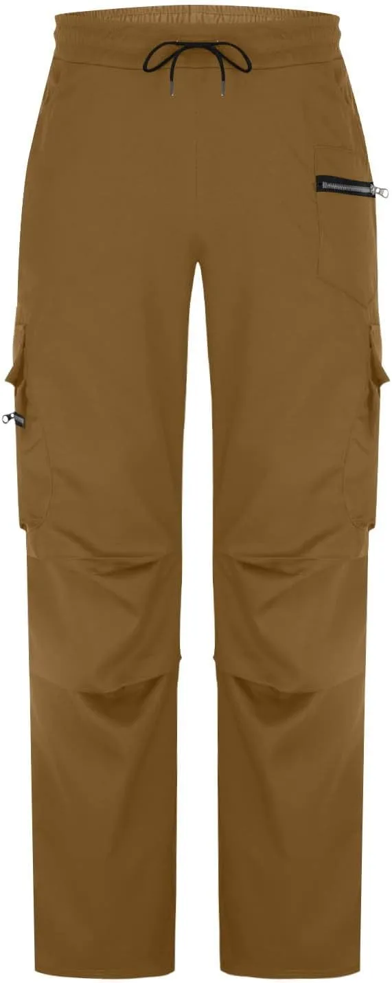 Mens Outdoor Cargo Pants Elastic High Waist Drawstring Summer Chinos Pants Straight Leg Tactical Trousers with Pocket