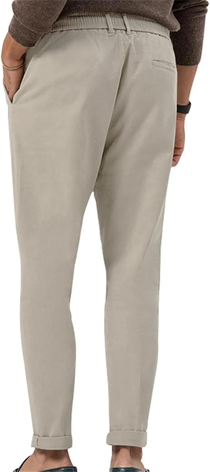 Men's Tapered Linen Pants Lightweight Breathable Casual Elastic Waist Slim Fit with Pockets for Beach Yoga Business