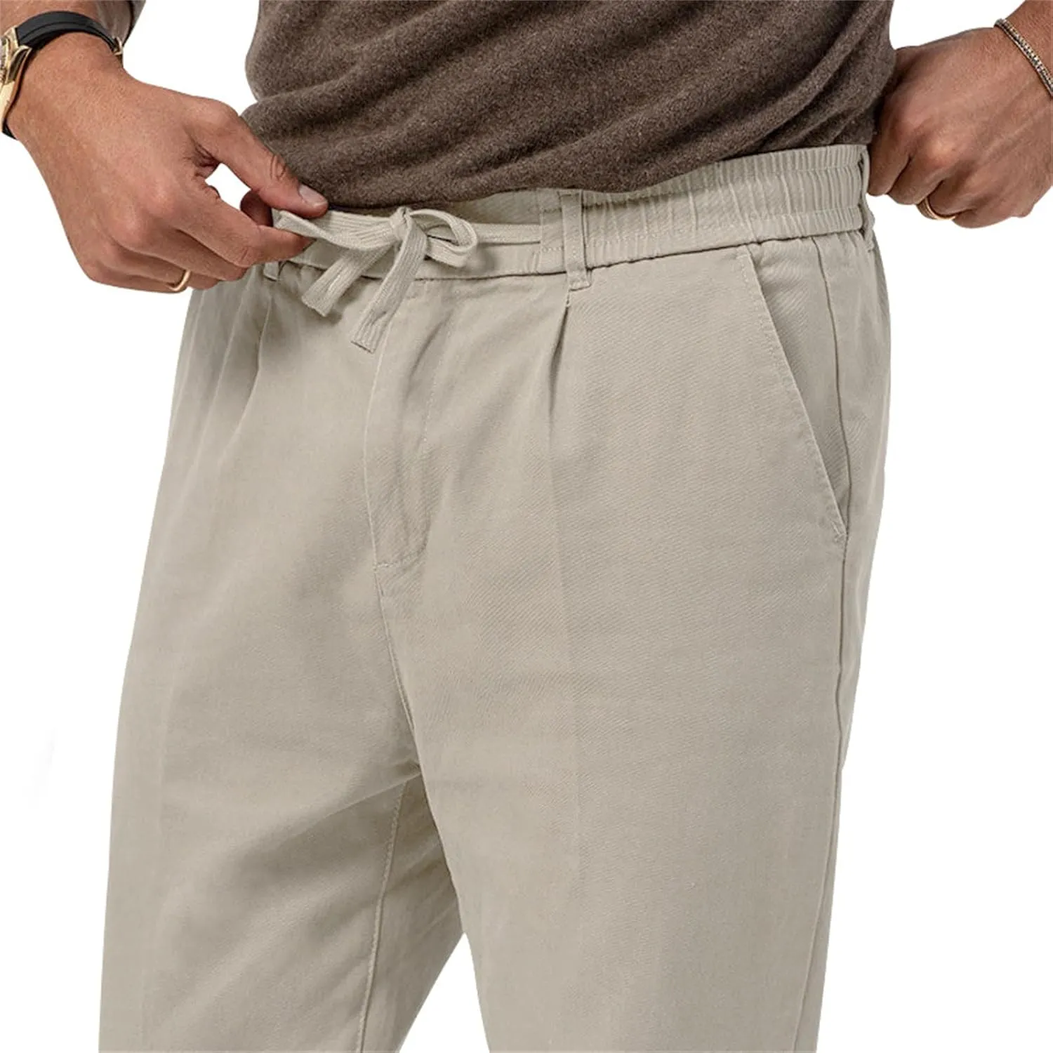 Men's Tapered Linen Pants Lightweight Breathable Casual Elastic Waist Slim Fit with Pockets for Beach Yoga Business