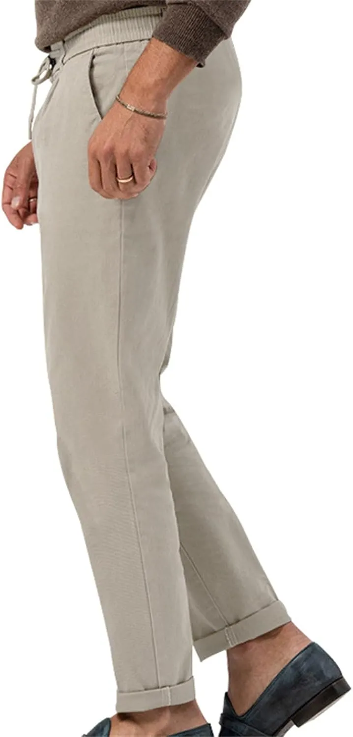 Men's Tapered Linen Pants Lightweight Breathable Casual Elastic Waist Slim Fit with Pockets for Beach Yoga Business