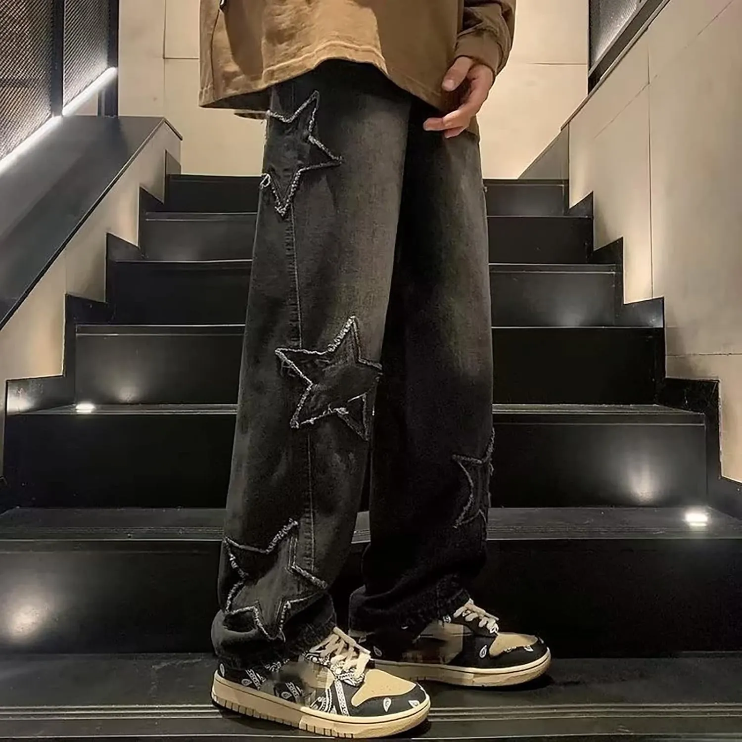 Men's Y2K Jeans Vintage Hip Hop Streetwear Baggy Denim Pants Loose Fit Straight Leg Embroidery Harajuku Denim Pants Trousers
