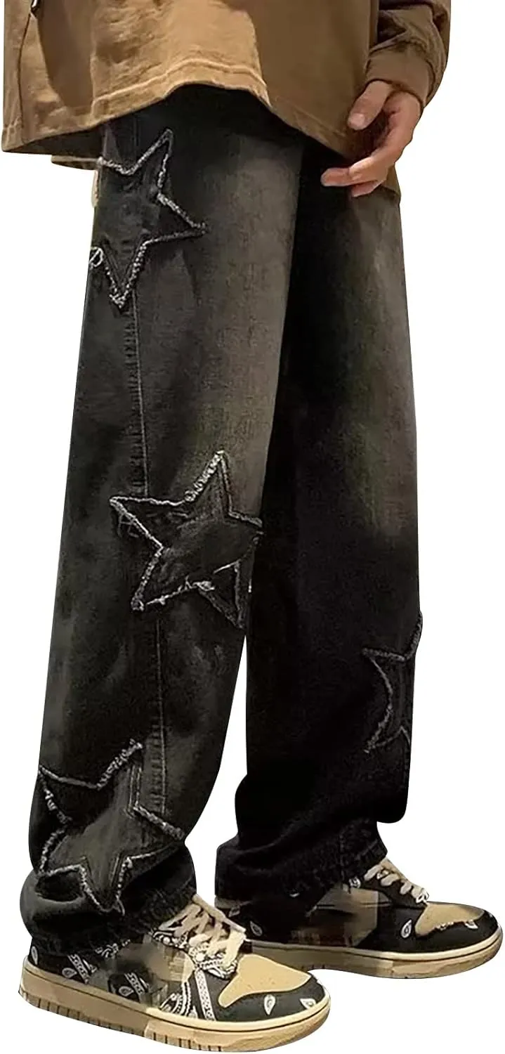 Men's Y2K Jeans Vintage Hip Hop Streetwear Baggy Denim Pants Loose Fit Straight Leg Embroidery Harajuku Denim Pants Trousers