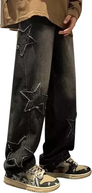 Men's Y2K Jeans Vintage Hip Hop Streetwear Baggy Denim Pants Loose Fit Straight Leg Embroidery Harajuku Denim Pants Trousers