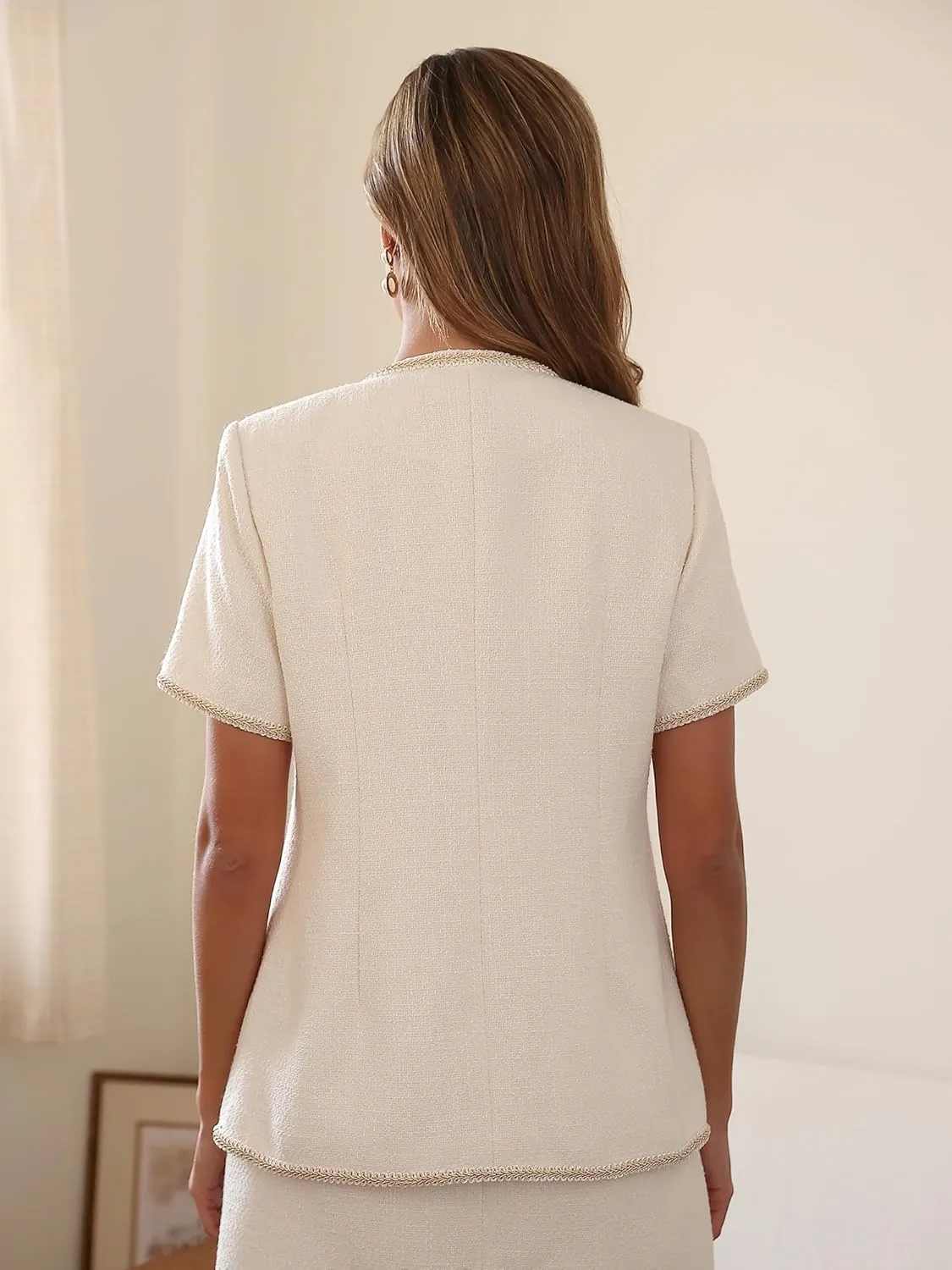 M.Infisavo Tweed Blazer Jackets for Women 2025 Spring Summer Elegant Short Sleeves Button Office Outfit with Braid Trim