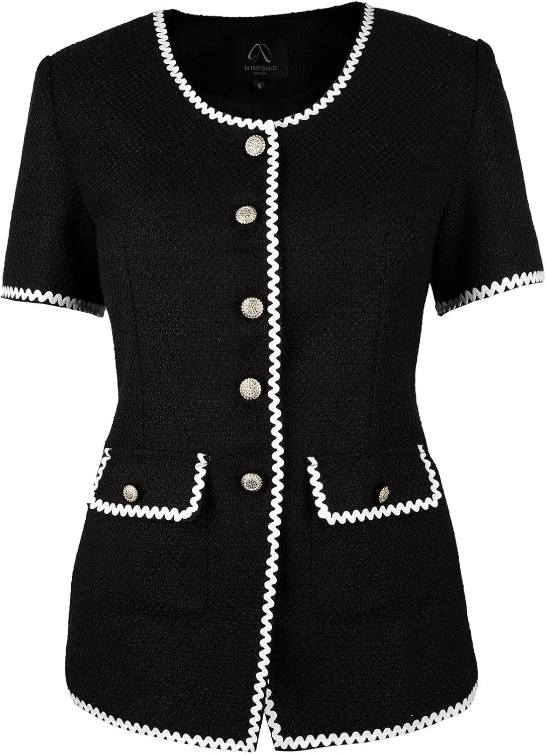 M.Infisavo Tweed Blazer Jackets for Women 2025 Spring Summer Elegant Short Sleeves Button Office Outfit with Braid Trim