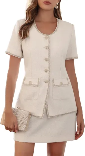 M.Infisavo Tweed Blazer Jackets for Women 2025 Spring Summer Elegant Short Sleeves Button Office Outfit with Braid Trim