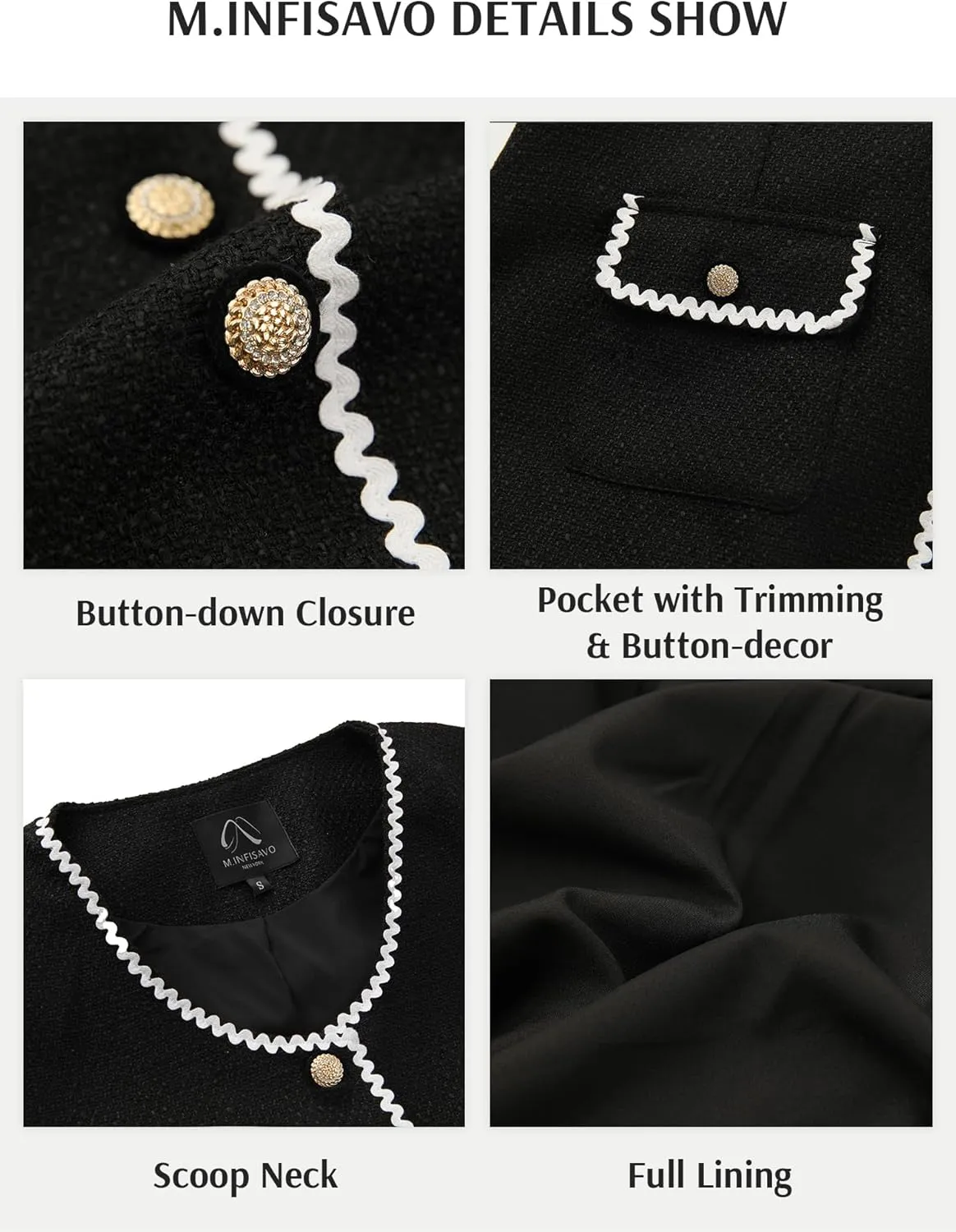 M.Infisavo Tweed Blazer Jackets for Women 2025 Spring Summer Elegant Short Sleeves Button Office Outfit with Braid Trim