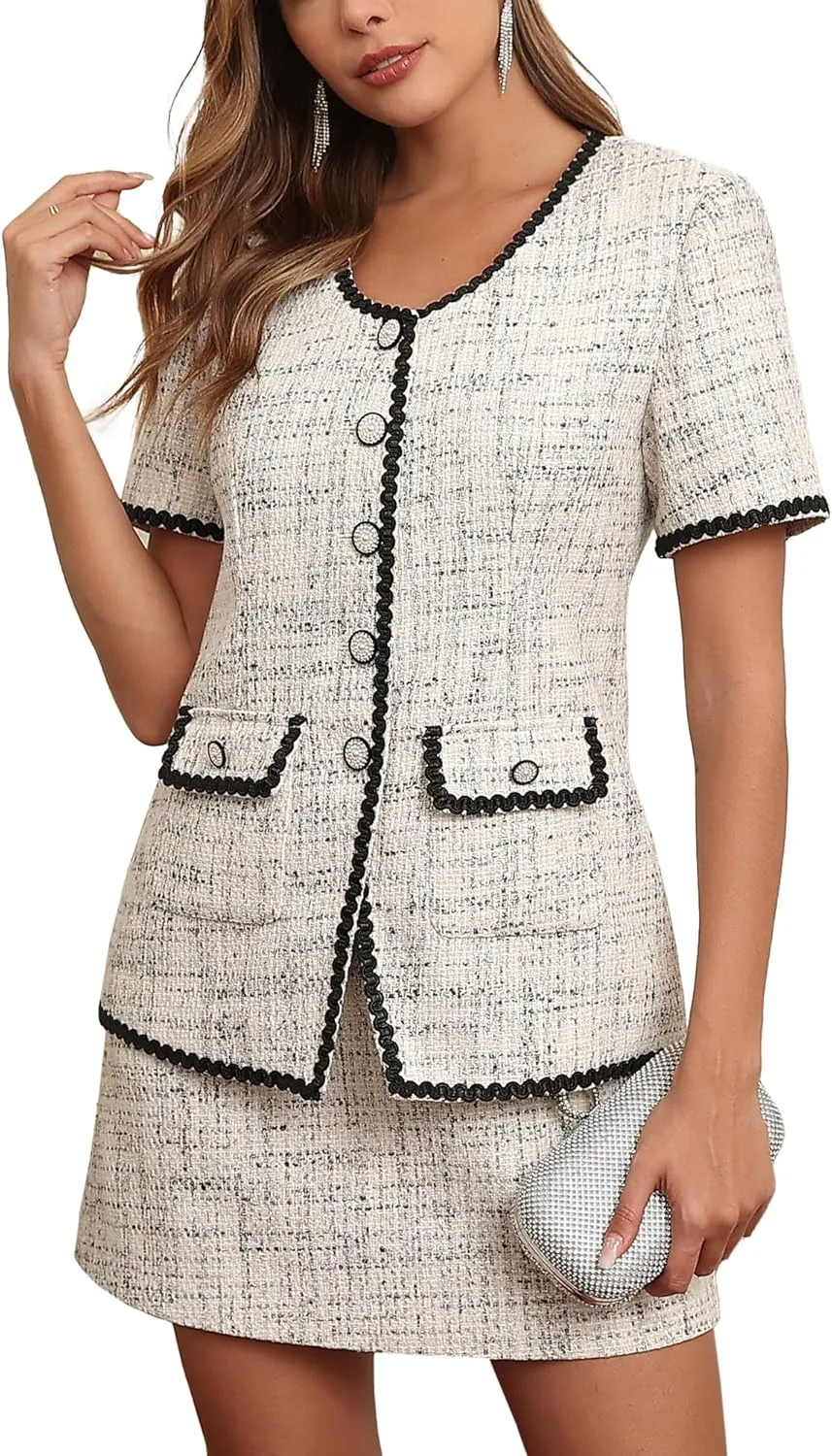 M.Infisavo Tweed Blazer Jackets for Women 2025 Spring Summer Elegant Short Sleeves Button Office Outfit with Braid Trim