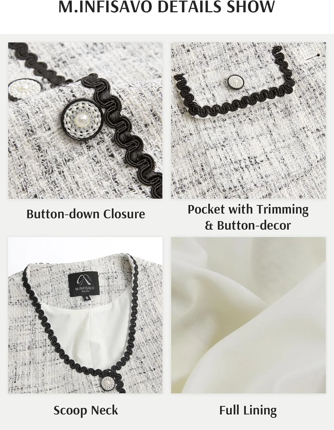M.Infisavo Tweed Blazer Jackets for Women 2025 Spring Summer Elegant Short Sleeves Button Office Outfit with Braid Trim