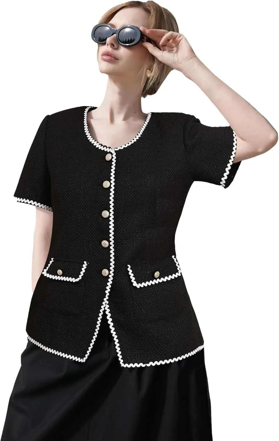 M.Infisavo Tweed Blazer Jackets for Women 2025 Spring Summer Elegant Short Sleeves Button Office Outfit with Braid Trim
