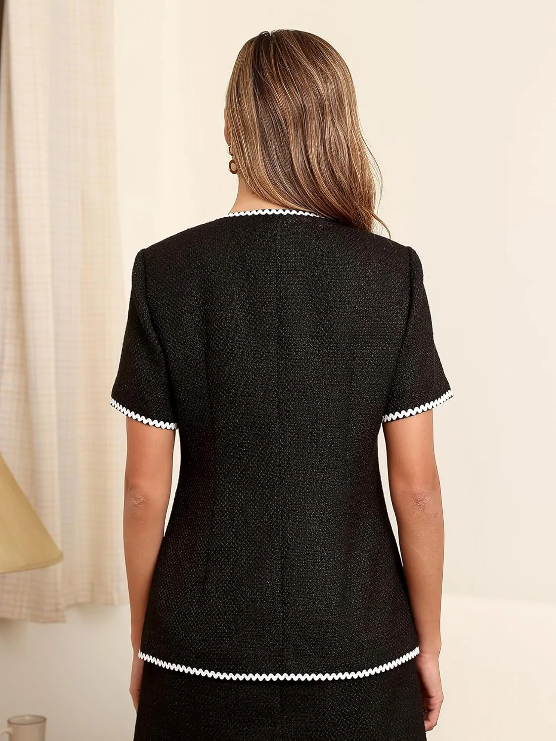 M.Infisavo Tweed Blazer Jackets for Women 2025 Spring Summer Elegant Short Sleeves Button Office Outfit with Braid Trim