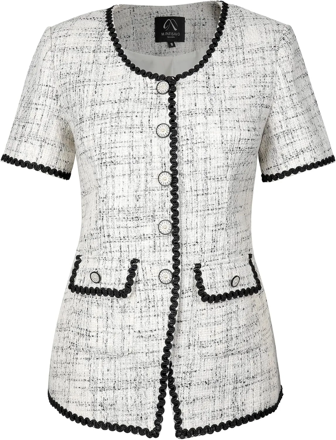M.Infisavo Tweed Blazer Jackets for Women 2025 Spring Summer Elegant Short Sleeves Button Office Outfit with Braid Trim