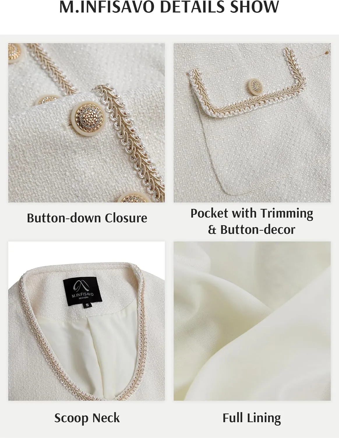 M.Infisavo Tweed Blazer Jackets for Women 2025 Spring Summer Elegant Short Sleeves Button Office Outfit with Braid Trim