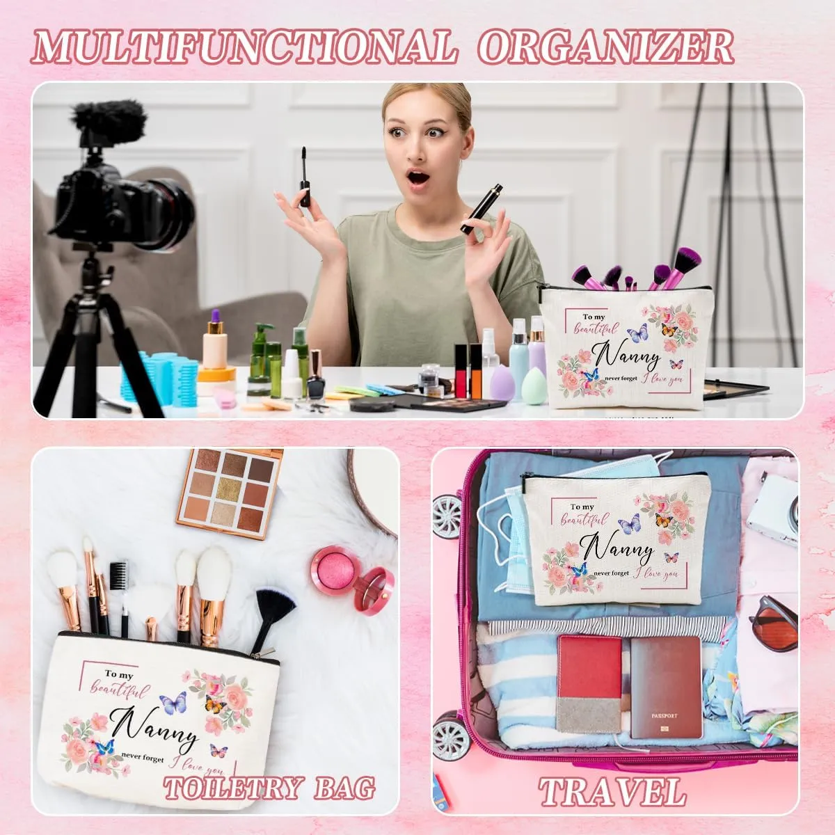 Nanny Gifts: Floral Makeup Bag, Unique Present, Cute Cosmetic Bag, Funny Aesthetic Travel Accessories Zipper Organizer