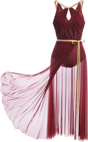 ODASDO Lyrical Dance Costume for Women Lace Sleeveless Leotard Sheer Flowy Long Wrap Skirt 2pcs Outfit