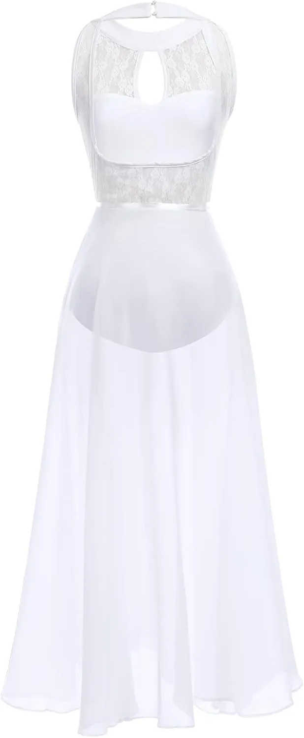 ODASDO Lyrical Dance Costume for Women Lace Sleeveless Leotard Sheer Flowy Long Wrap Skirt 2pcs Outfit