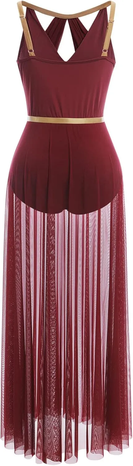 ODASDO Lyrical Dance Costume for Women Lace Sleeveless Leotard Sheer Flowy Long Wrap Skirt 2pcs Outfit
