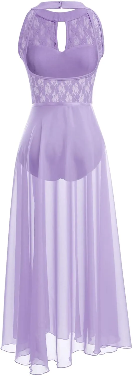 ODASDO Lyrical Dance Costume for Women Lace Sleeveless Leotard Sheer Flowy Long Wrap Skirt 2pcs Outfit