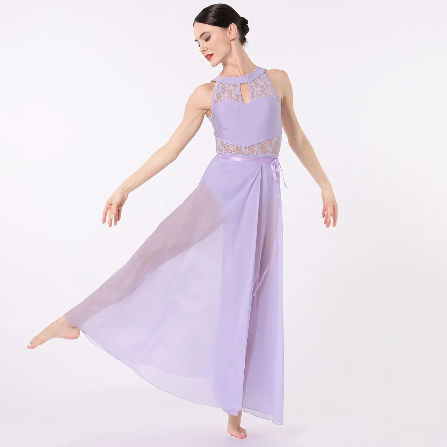 ODASDO Lyrical Dance Costume for Women Lace Sleeveless Leotard Sheer Flowy Long Wrap Skirt 2pcs Outfit