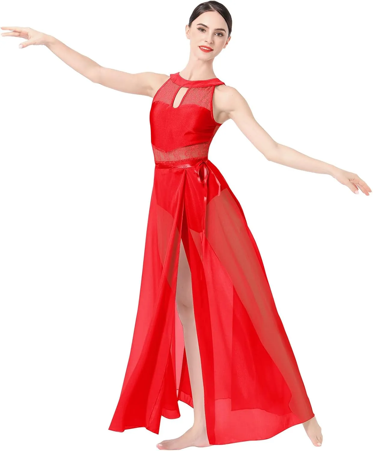 ODASDO Lyrical Dance Costume for Women Lace Sleeveless Leotard Sheer Flowy Long Wrap Skirt 2pcs Outfit