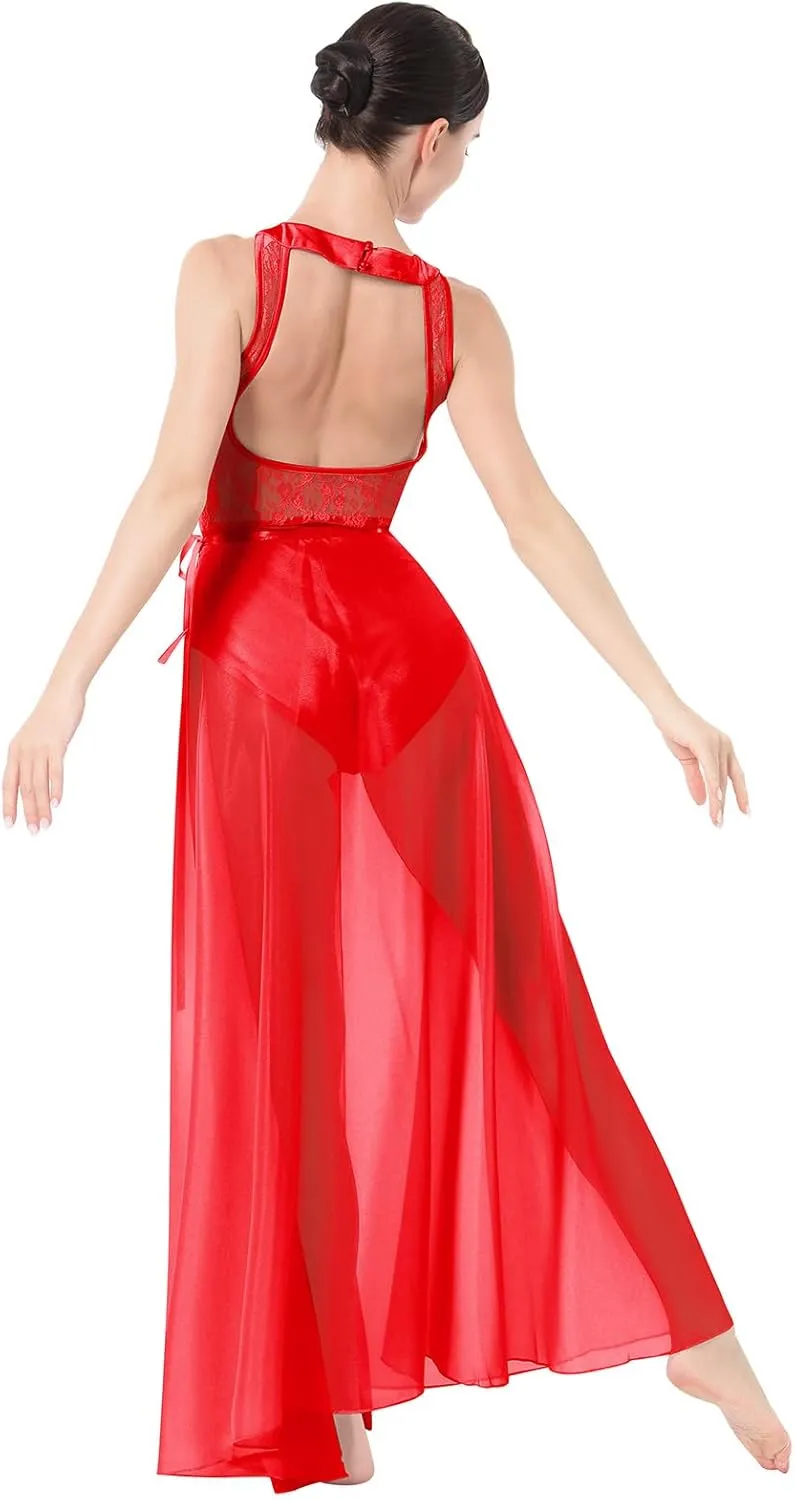ODASDO Lyrical Dance Costume for Women Lace Sleeveless Leotard Sheer Flowy Long Wrap Skirt 2pcs Outfit