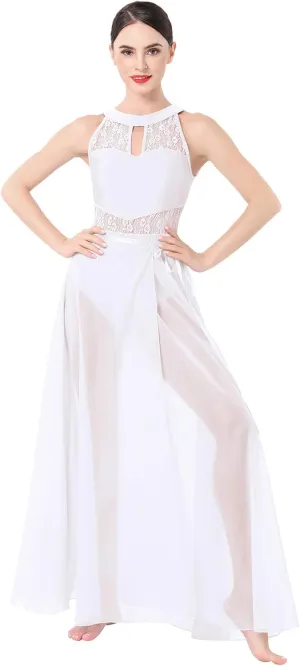 ODASDO Lyrical Dance Costume for Women Lace Sleeveless Leotard Sheer Flowy Long Wrap Skirt 2pcs Outfit