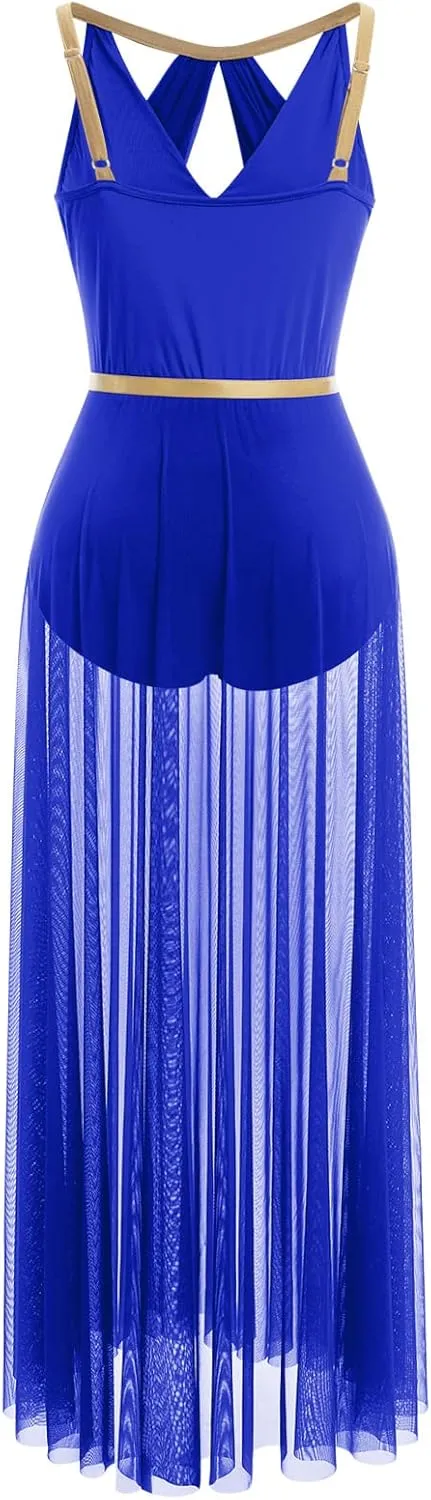 ODASDO Lyrical Dance Costume for Women Lace Sleeveless Leotard Sheer Flowy Long Wrap Skirt 2pcs Outfit