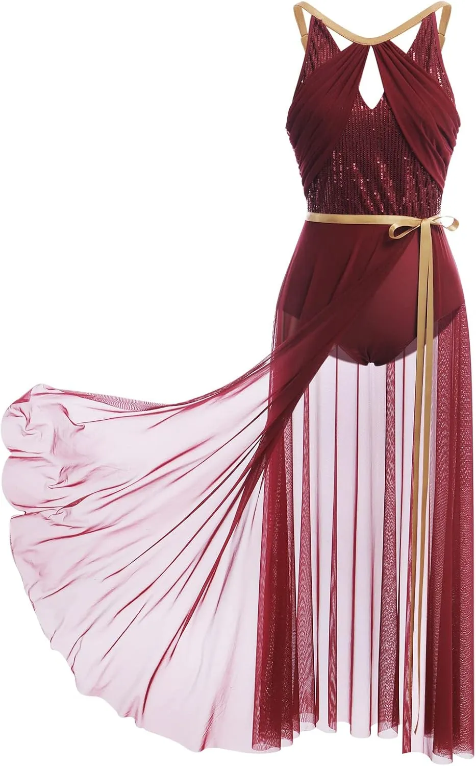 ODASDO Lyrical Dance Costume for Women Lace Sleeveless Leotard Sheer Flowy Long Wrap Skirt 2pcs Outfit
