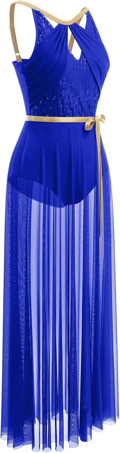 ODASDO Lyrical Dance Costume for Women Lace Sleeveless Leotard Sheer Flowy Long Wrap Skirt 2pcs Outfit