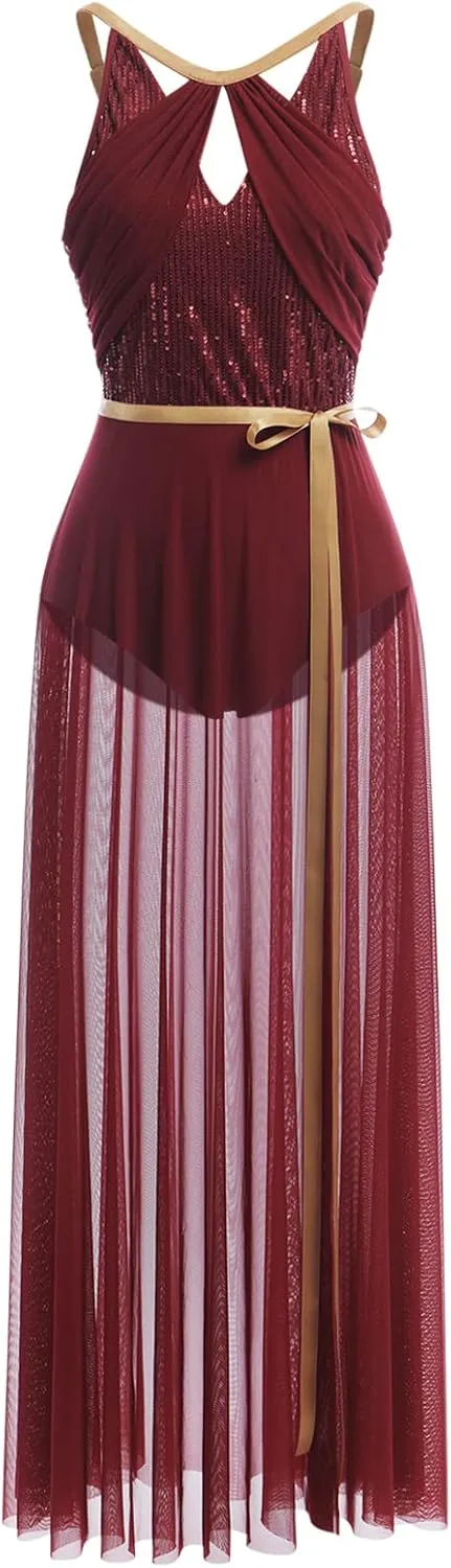 ODASDO Lyrical Dance Costume for Women Lace Sleeveless Leotard Sheer Flowy Long Wrap Skirt 2pcs Outfit