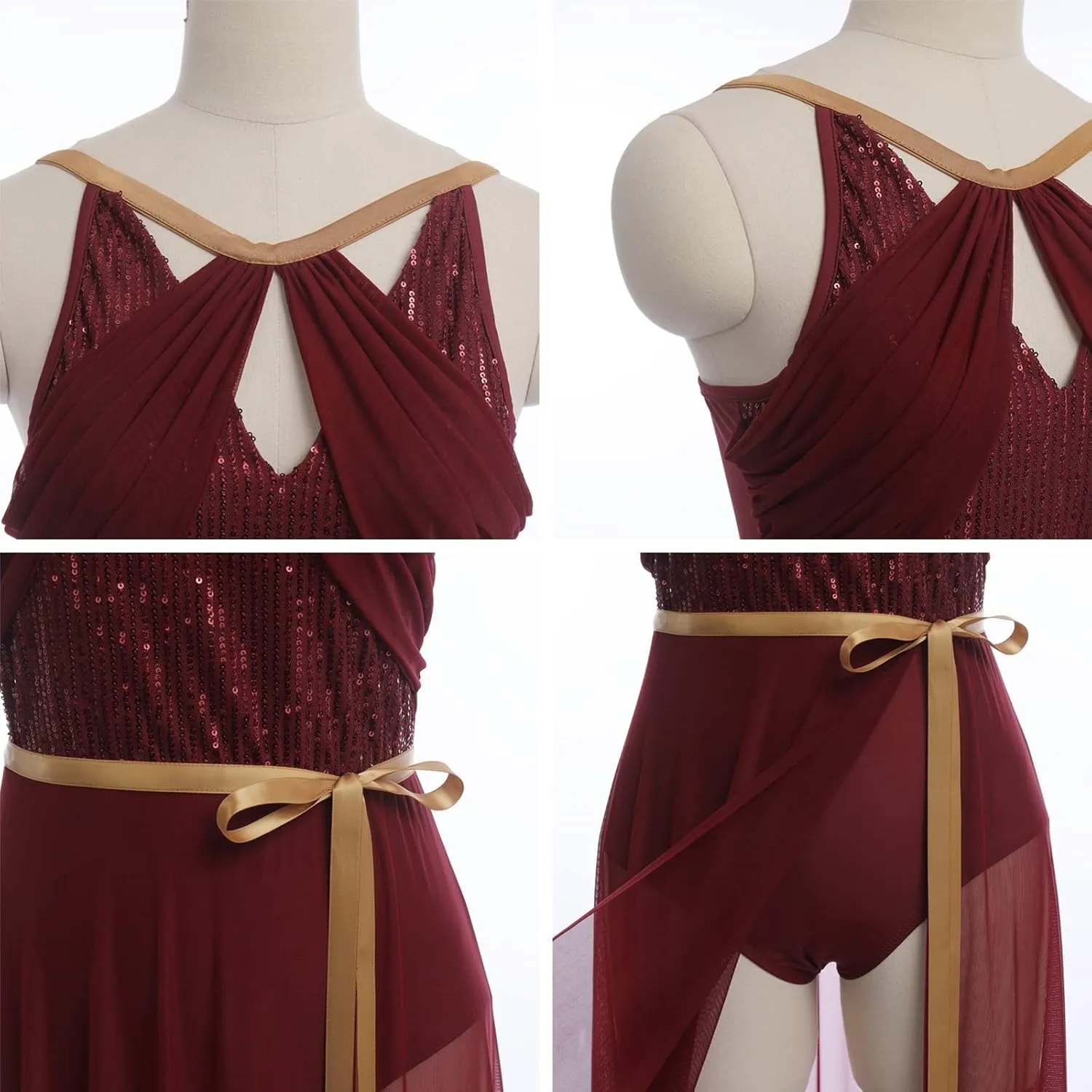 ODASDO Lyrical Dance Costume for Women Lace Sleeveless Leotard Sheer Flowy Long Wrap Skirt 2pcs Outfit