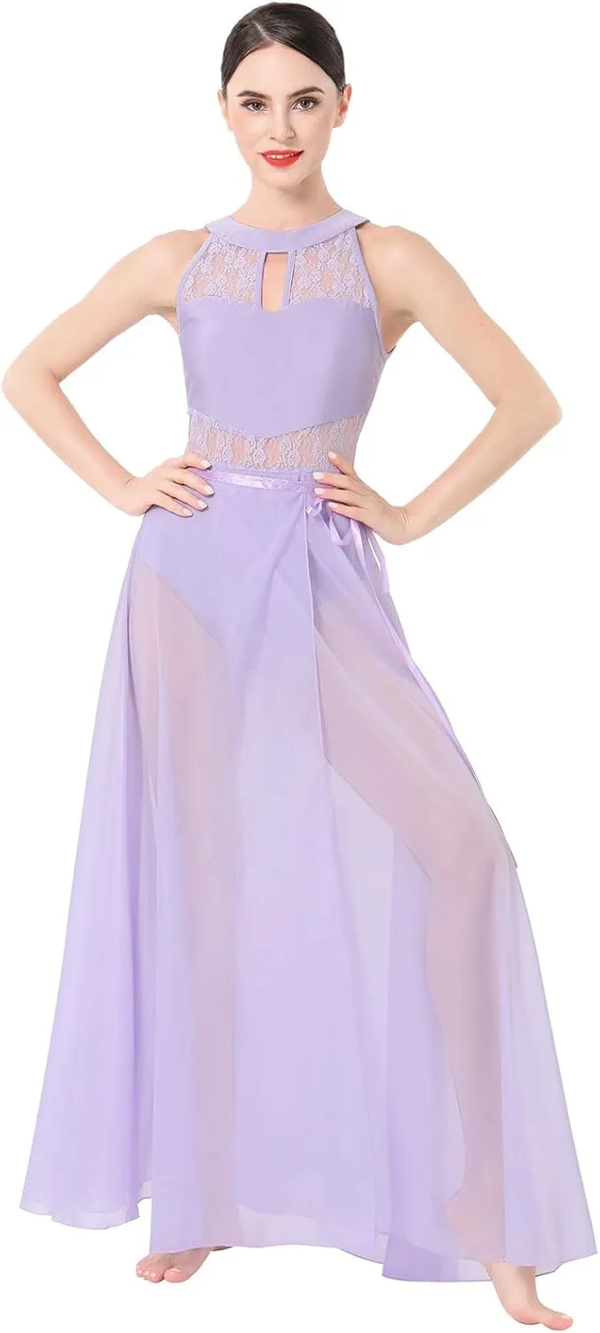 ODASDO Lyrical Dance Costume for Women Lace Sleeveless Leotard Sheer Flowy Long Wrap Skirt 2pcs Outfit
