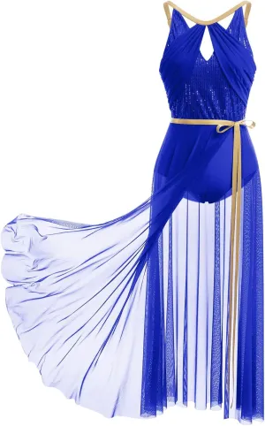 ODASDO Lyrical Dance Costume for Women Lace Sleeveless Leotard Sheer Flowy Long Wrap Skirt 2pcs Outfit