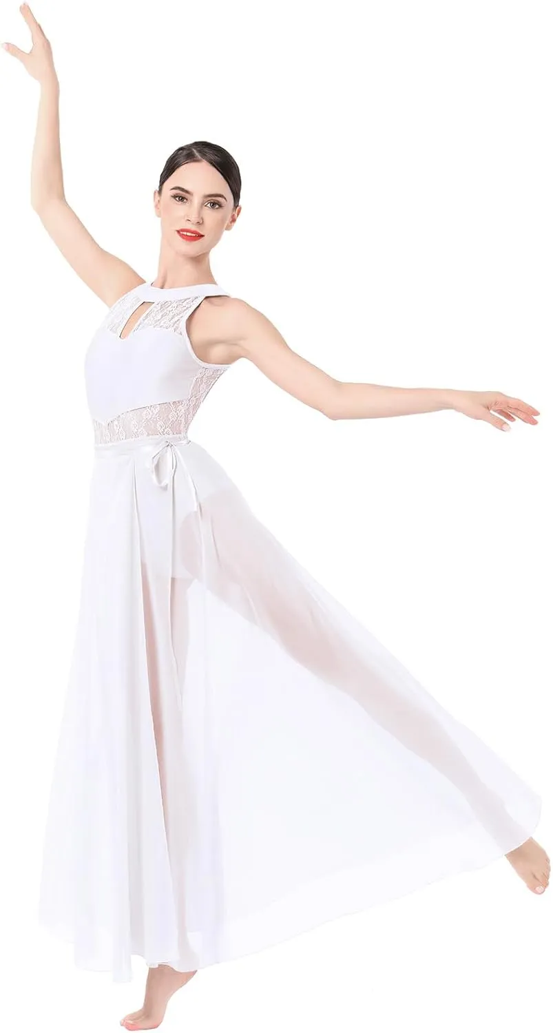 ODASDO Lyrical Dance Costume for Women Lace Sleeveless Leotard Sheer Flowy Long Wrap Skirt 2pcs Outfit