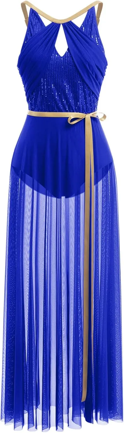 ODASDO Lyrical Dance Costume for Women Lace Sleeveless Leotard Sheer Flowy Long Wrap Skirt 2pcs Outfit