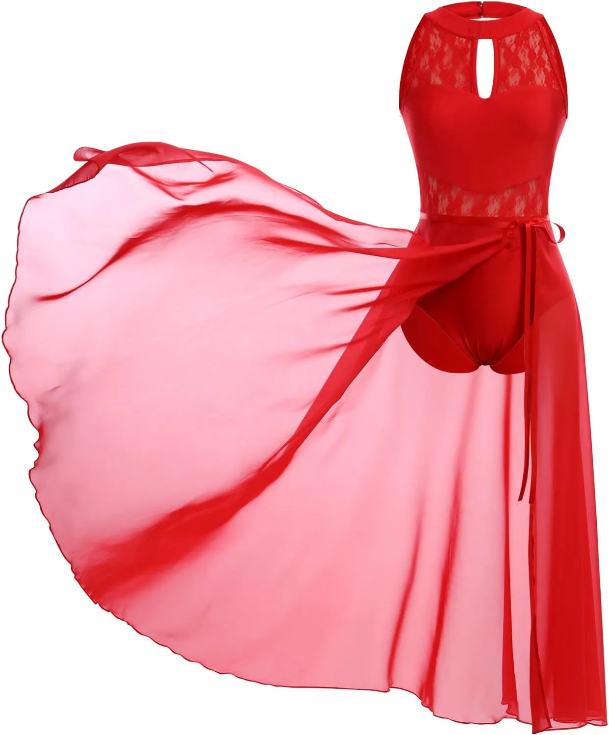 ODASDO Lyrical Dance Costume for Women Lace Sleeveless Leotard Sheer Flowy Long Wrap Skirt 2pcs Outfit