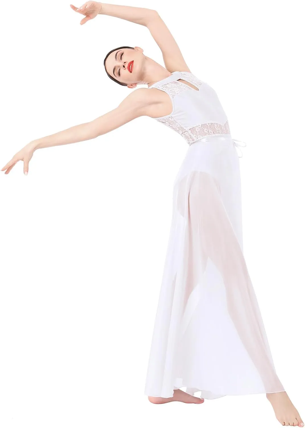 ODASDO Lyrical Dance Costume for Women Lace Sleeveless Leotard Sheer Flowy Long Wrap Skirt 2pcs Outfit