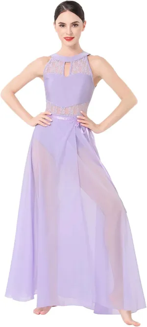 ODASDO Lyrical Dance Costume for Women Lace Sleeveless Leotard Sheer Flowy Long Wrap Skirt 2pcs Outfit