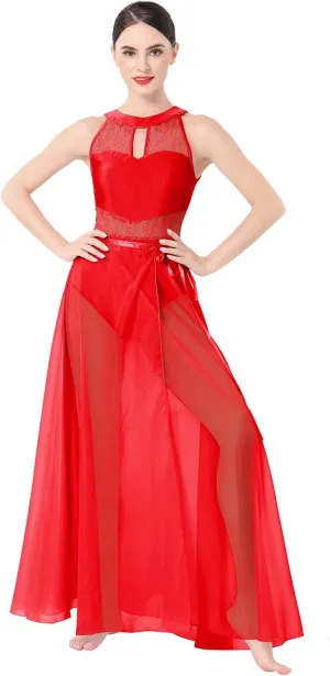 ODASDO Lyrical Dance Costume for Women Lace Sleeveless Leotard Sheer Flowy Long Wrap Skirt 2pcs Outfit