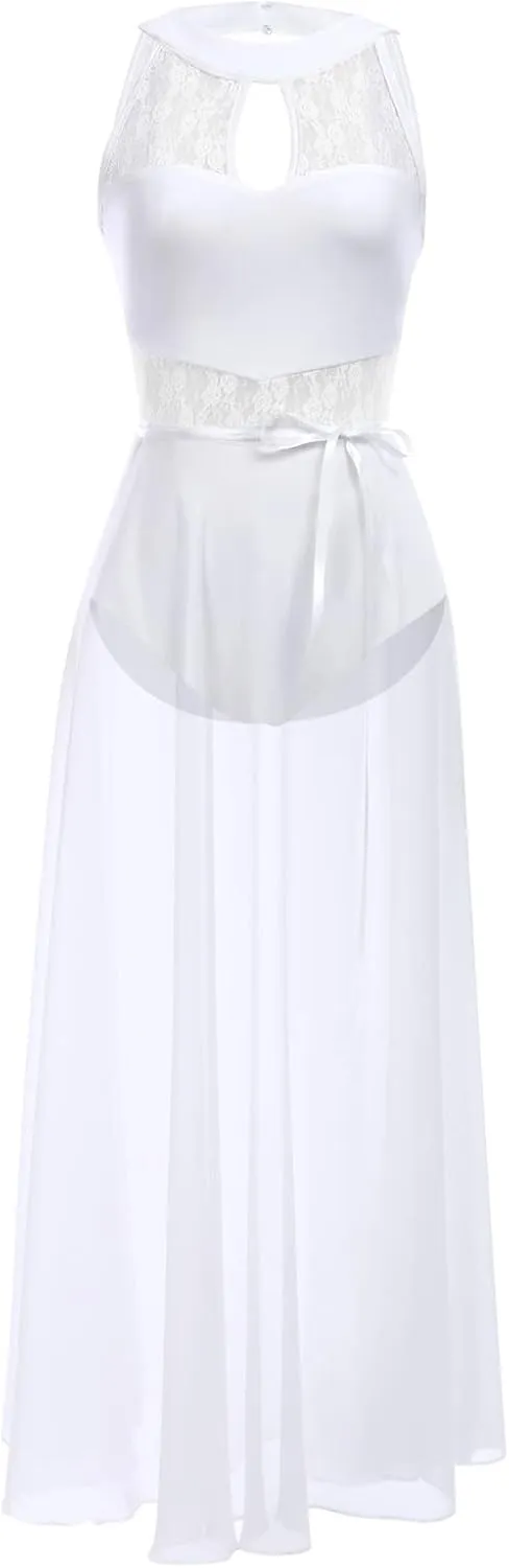 ODASDO Lyrical Dance Costume for Women Lace Sleeveless Leotard Sheer Flowy Long Wrap Skirt 2pcs Outfit
