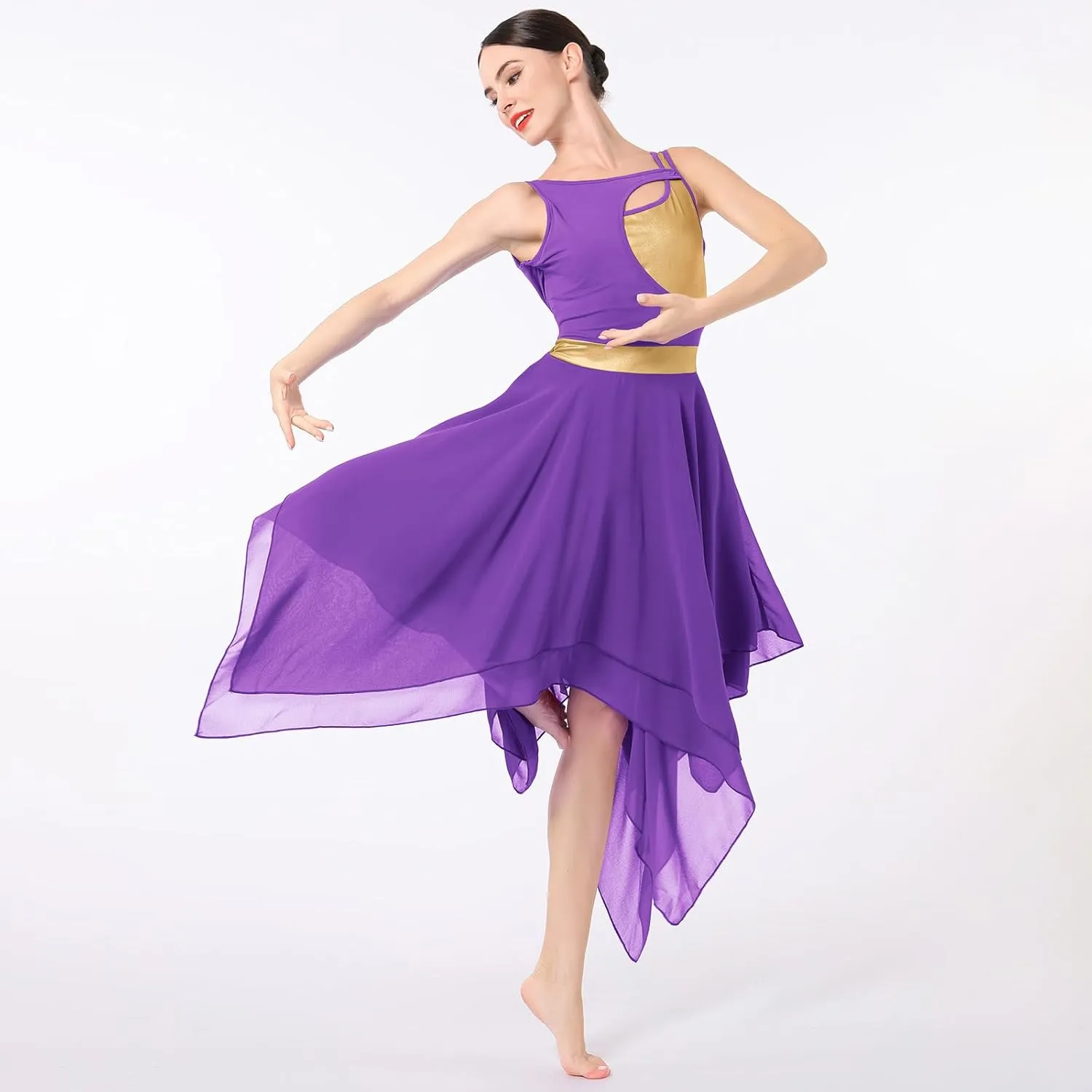 ODASDO Lyrical Dance Costumes for Women Contemporary Dancewear Sleeveless Cut Out Front Mesh Tulle Maxi Dress XS-XL