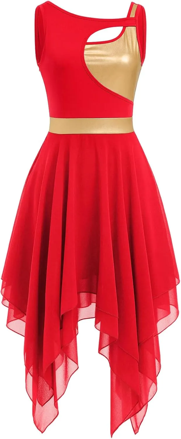 ODASDO Lyrical Dance Costumes for Women Contemporary Dancewear Sleeveless Cut Out Front Mesh Tulle Maxi Dress XS-XL
