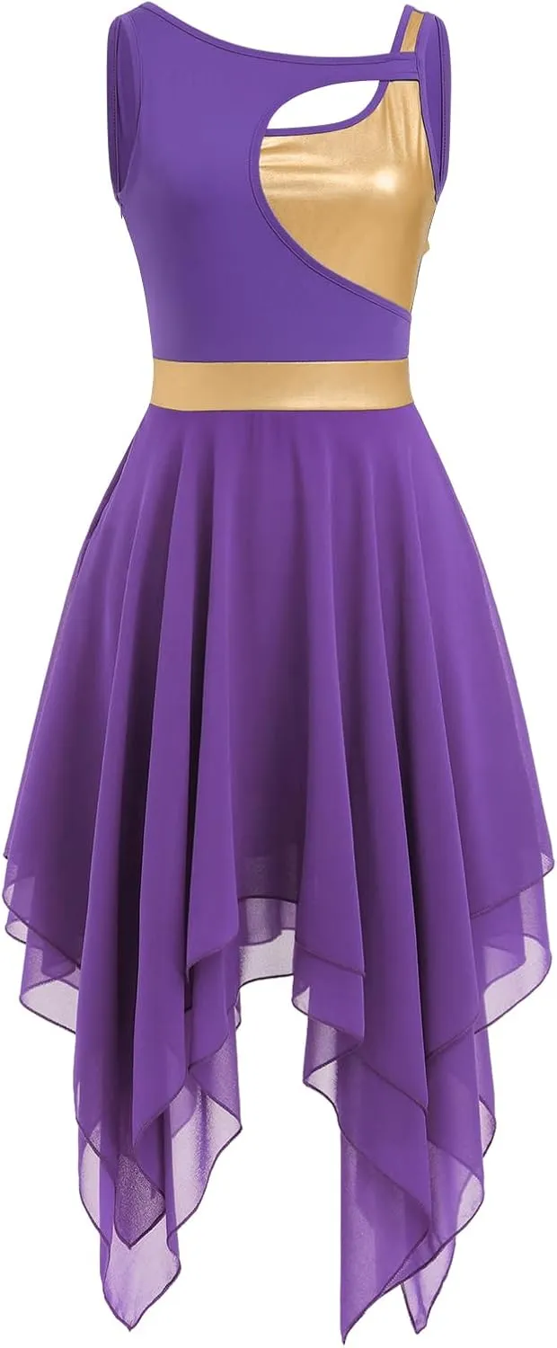 ODASDO Lyrical Dance Costumes for Women Contemporary Dancewear Sleeveless Cut Out Front Mesh Tulle Maxi Dress XS-XL