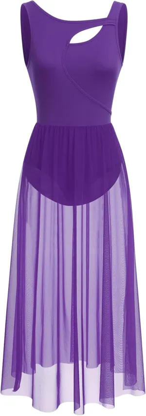 ODASDO Lyrical Dance Costumes for Women Contemporary Dancewear Sleeveless Cut Out Front Mesh Tulle Maxi Dress XS-XL