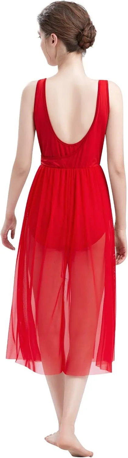 ODASDO Lyrical Dance Costumes for Women Contemporary Dancewear Sleeveless Cut Out Front Mesh Tulle Maxi Dress XS-XL