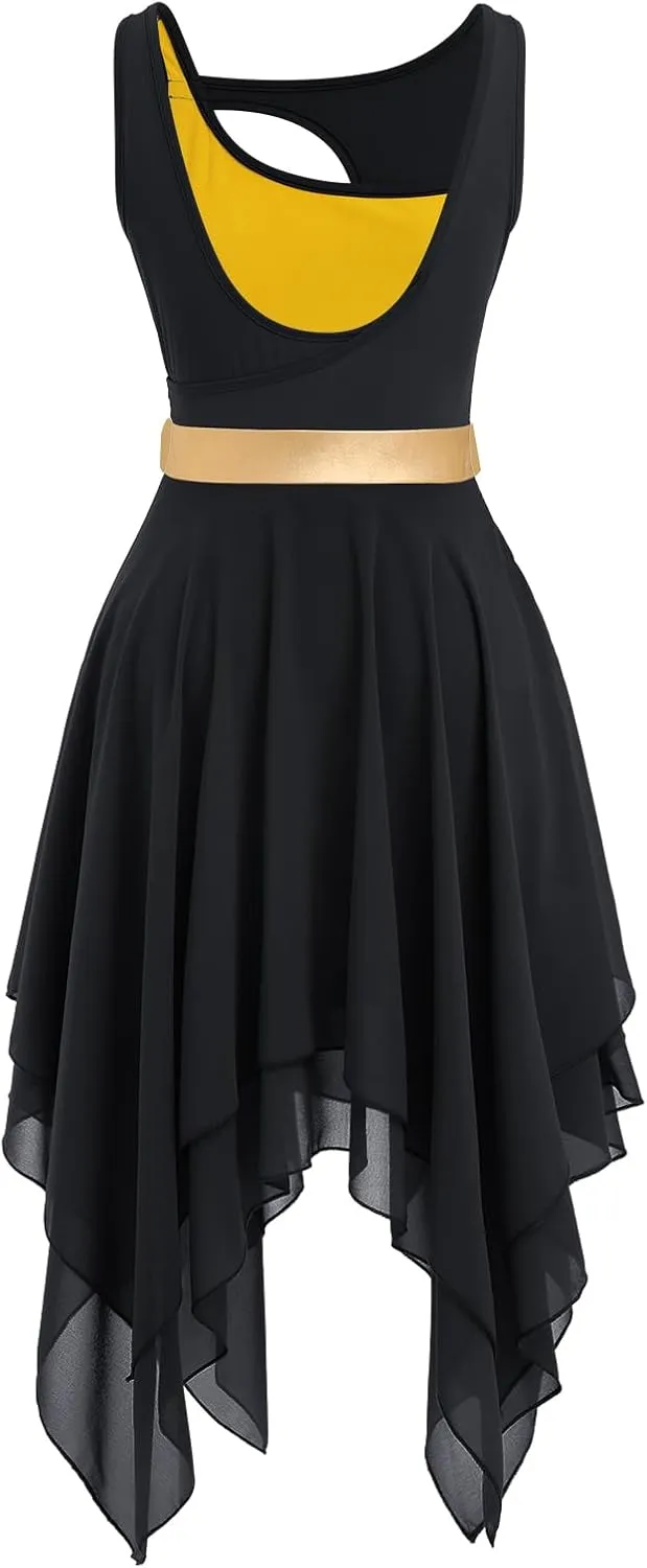 ODASDO Lyrical Dance Costumes for Women Contemporary Dancewear Sleeveless Cut Out Front Mesh Tulle Maxi Dress XS-XL