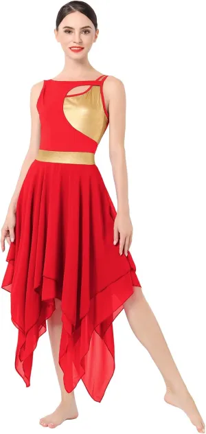 ODASDO Lyrical Dance Costumes for Women Contemporary Dancewear Sleeveless Cut Out Front Mesh Tulle Maxi Dress XS-XL