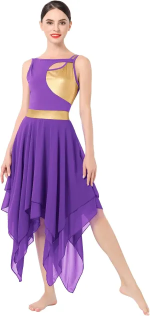 ODASDO Lyrical Dance Costumes for Women Contemporary Dancewear Sleeveless Cut Out Front Mesh Tulle Maxi Dress XS-XL
