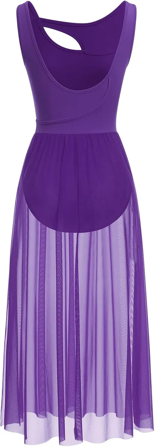ODASDO Lyrical Dance Costumes for Women Contemporary Dancewear Sleeveless Cut Out Front Mesh Tulle Maxi Dress XS-XL